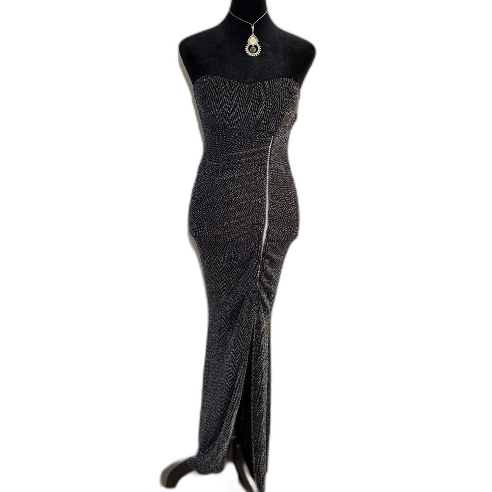 Mesia Sparkly Black Evening Gown — Rhinestone Detail, Front Slit